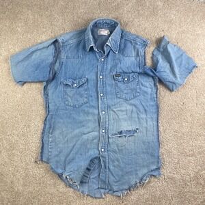 Vintage 70's Wrangler Western Pearl Snap Denim Shirt Distressed Shredded Ripped